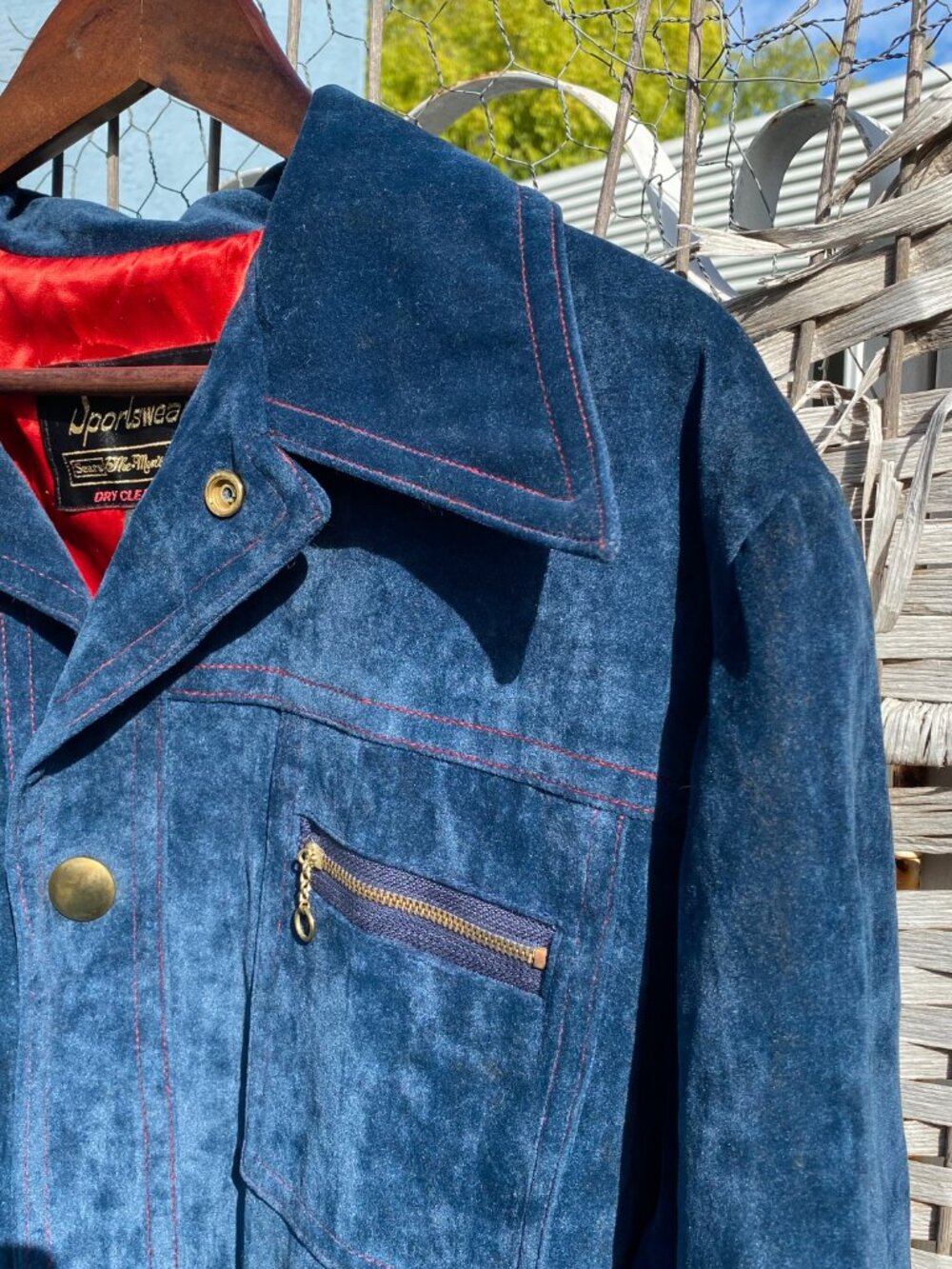1970s Sears The Men's Store Sportswear Blue Suede Velour Safari Chore Jacket 46 - Picture 5 of 13